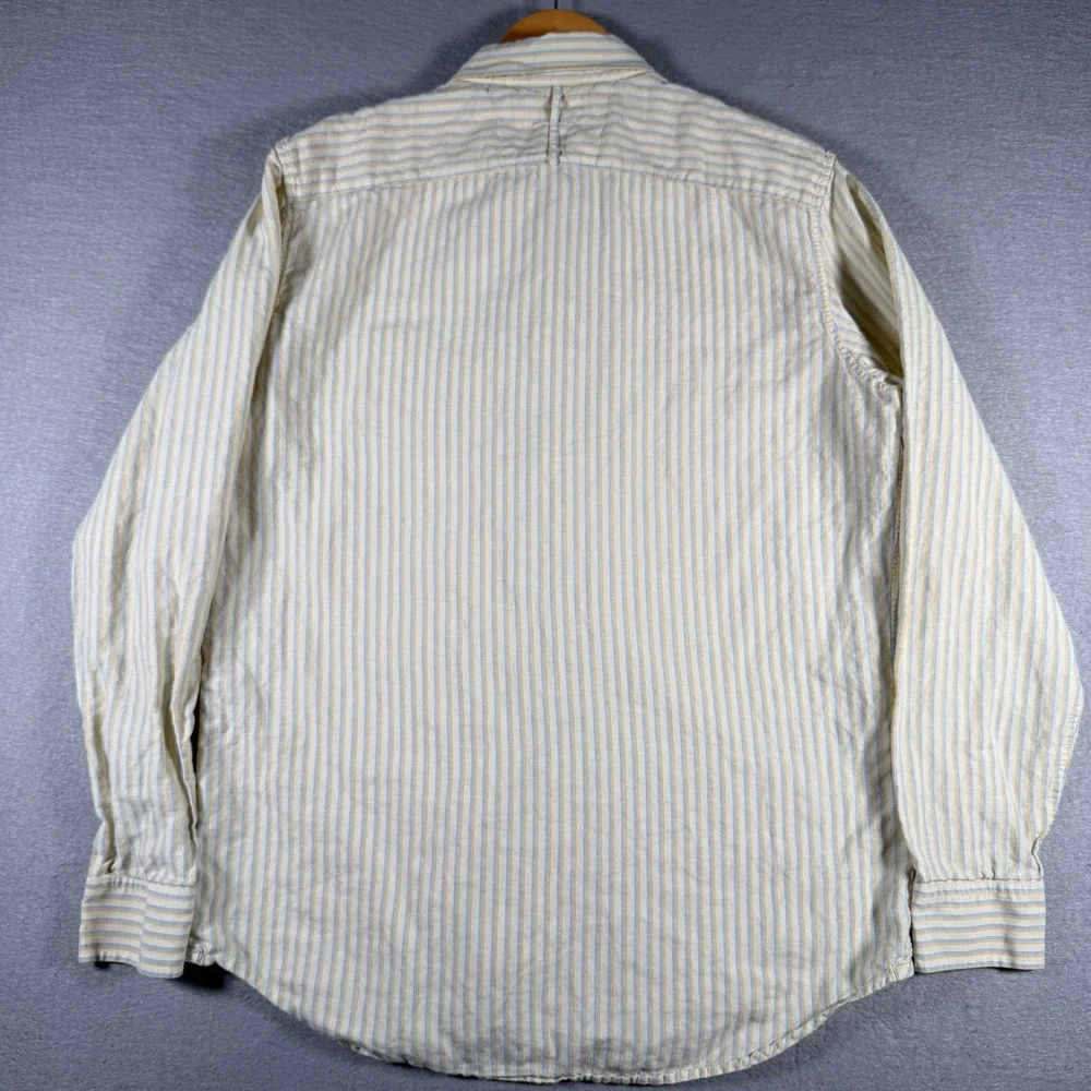 Banana Republic Mens Linen Cotton Striped Button Down Shirt Yellow Blue Medium